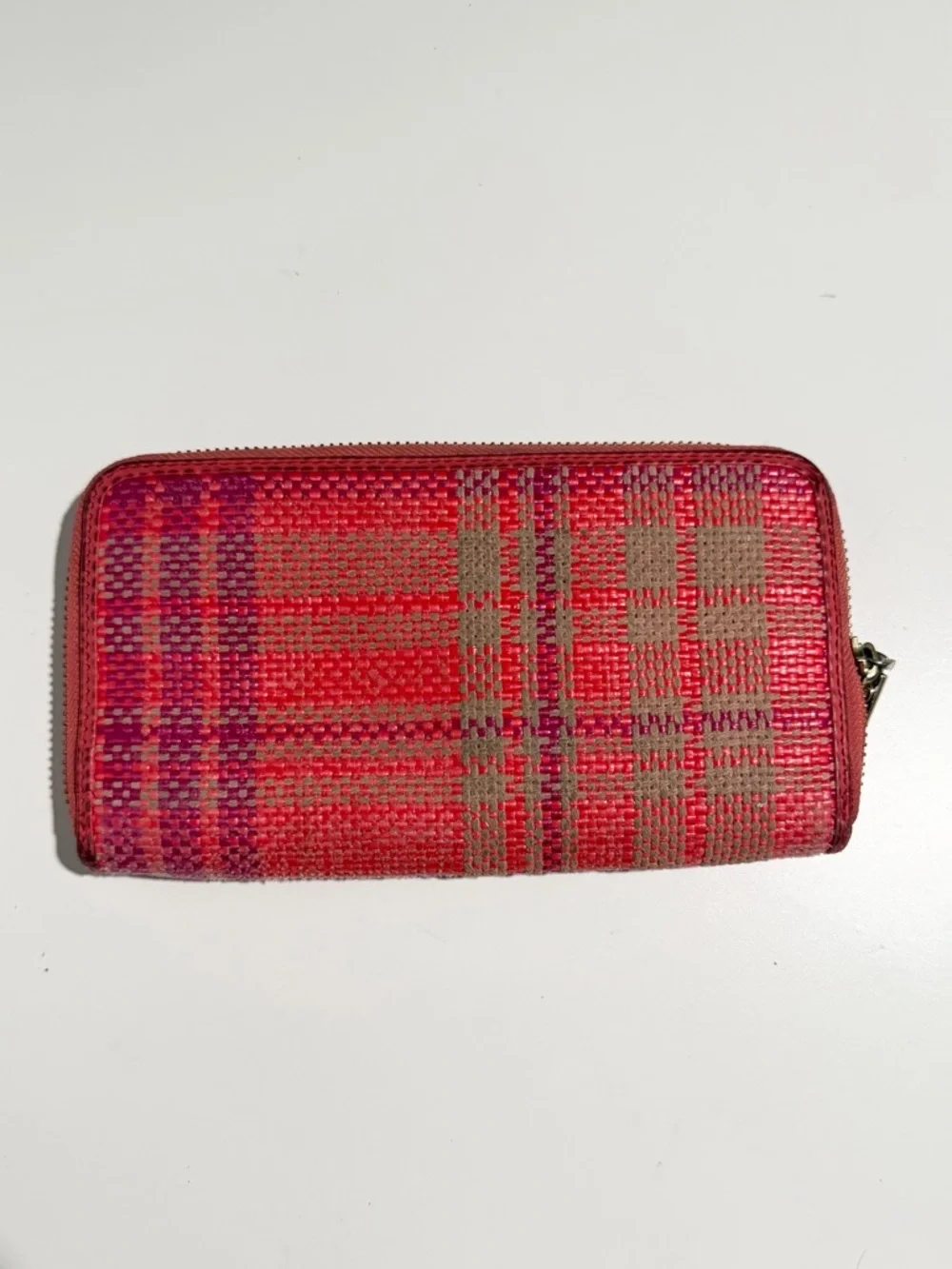 Tory Burch Red Woven Zip Wallet Plaid